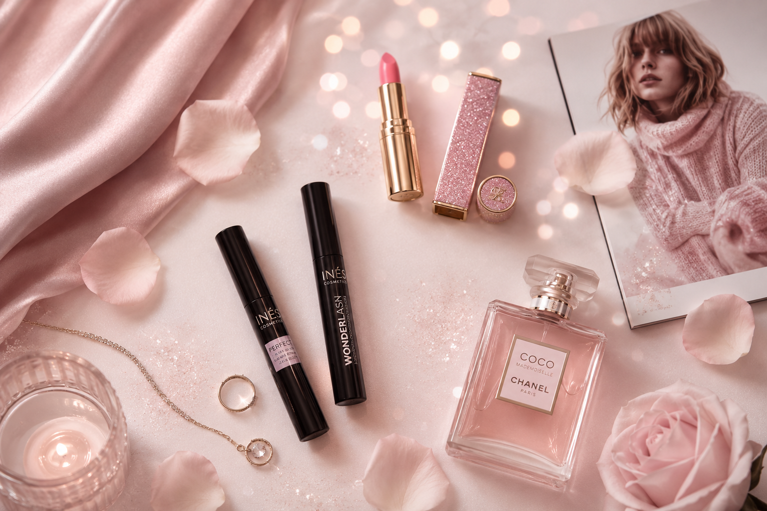 Beauty- und Lifestyle-Arrangement mit Lippenstift, Parfüm und Schmuck