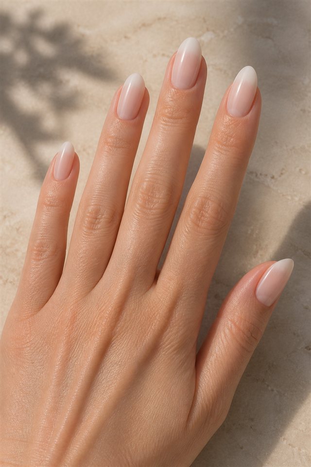 Klassische Baby Boomer Nägel mit sanftem Milky Ombré