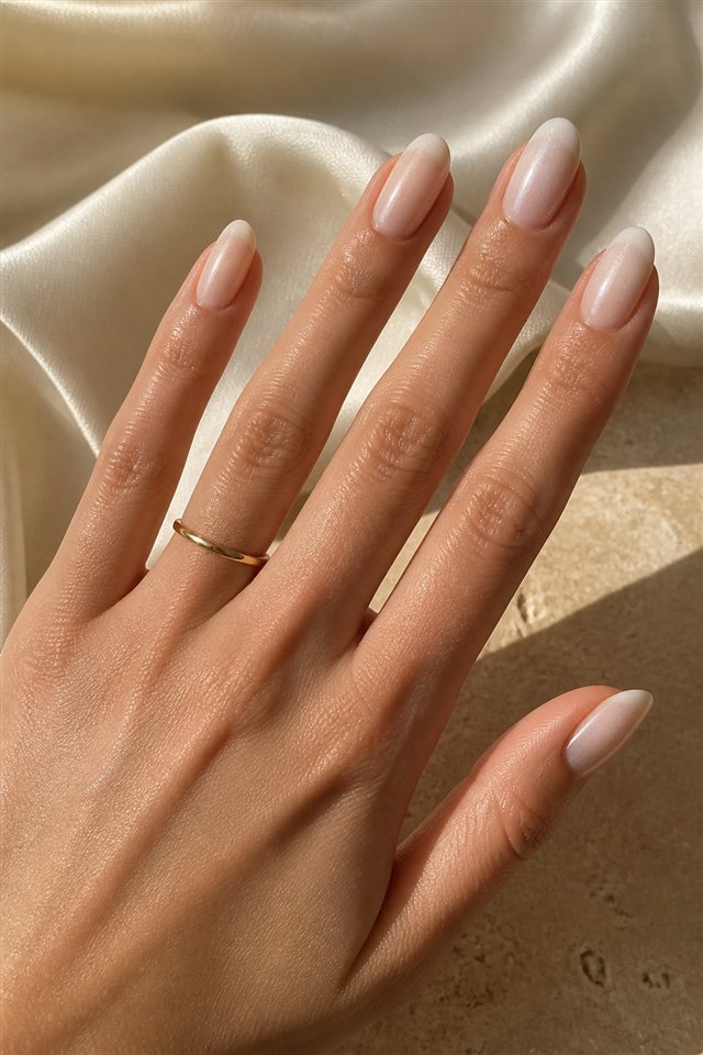 Baby Boomer Nägel mit warmer Beige-Basis und Goldschmuck
