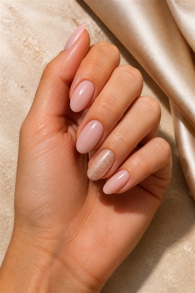 Baby Boomer Nägel mit feinem Champagner-Glitter-Akzent