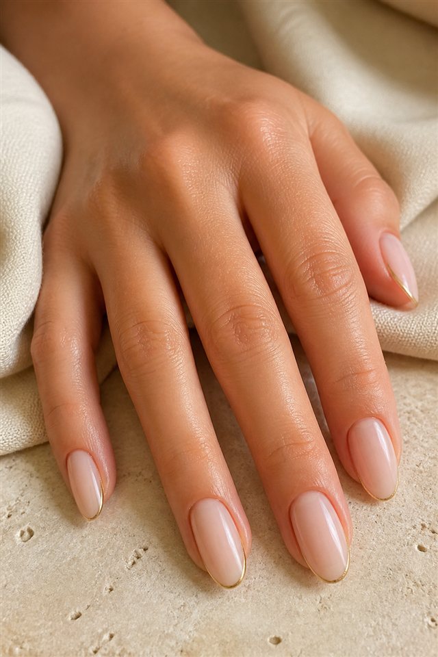 Baby Boomer Nägel mit feiner minimalistischer Goldlinie