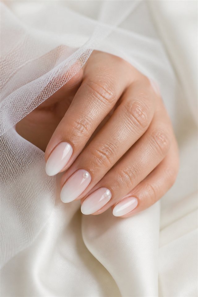 Elegante Hochzeits-Baby-Boomer-Nägel mit feinen Perlendetails