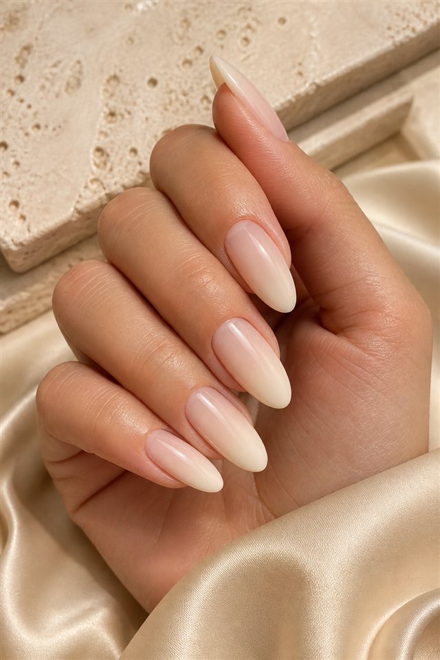 Vanilla Baby Boomer Nägel im warmen Quiet-Luxury-Stil