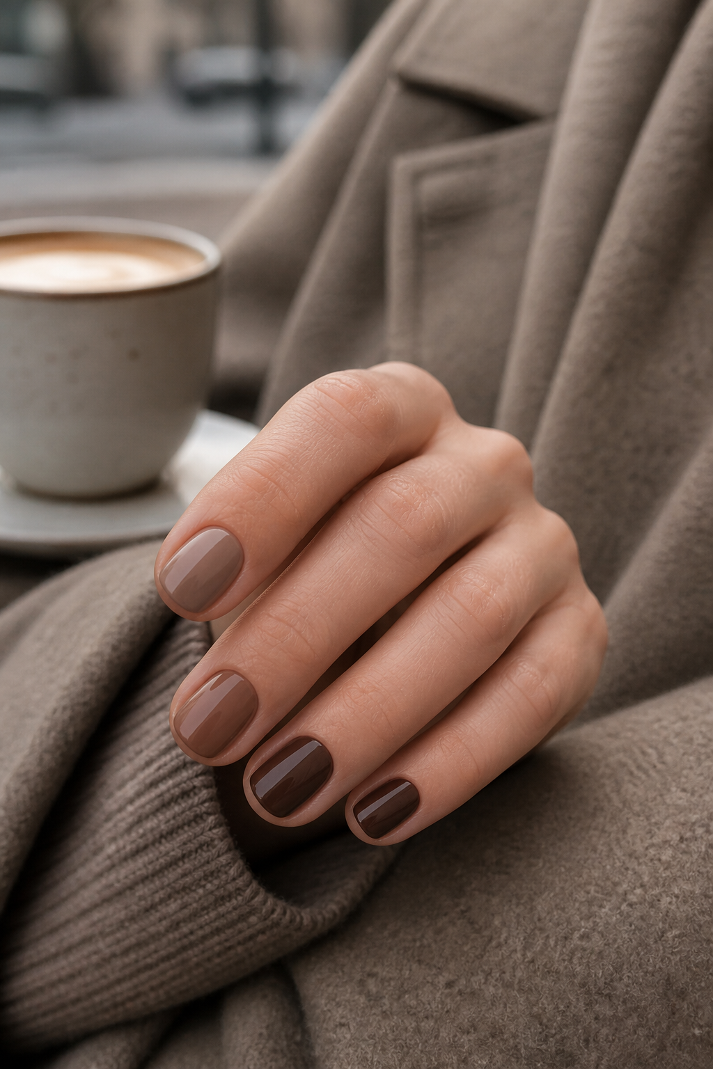 Kurze Mocha Herbst Nägel mit braunem Farbverlauf