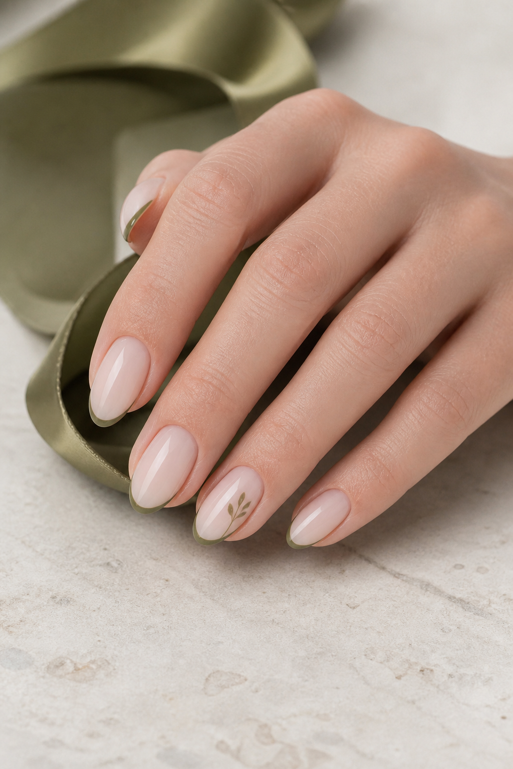 Milky Nude Nägel mit feinen olivgrünen French Tips