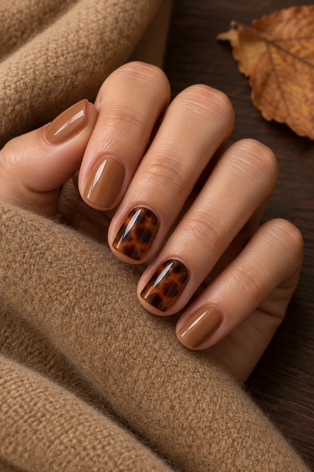 Kurze Caramel Tortoiseshell Nägel für Herbst 2026