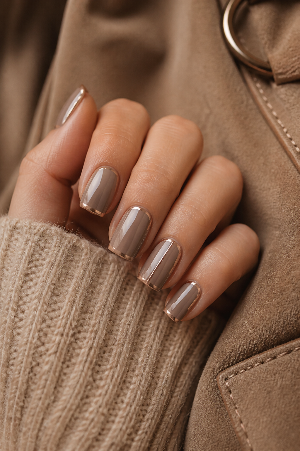 Taupe Nägel mit elegantem Champagner Chrome Rand
