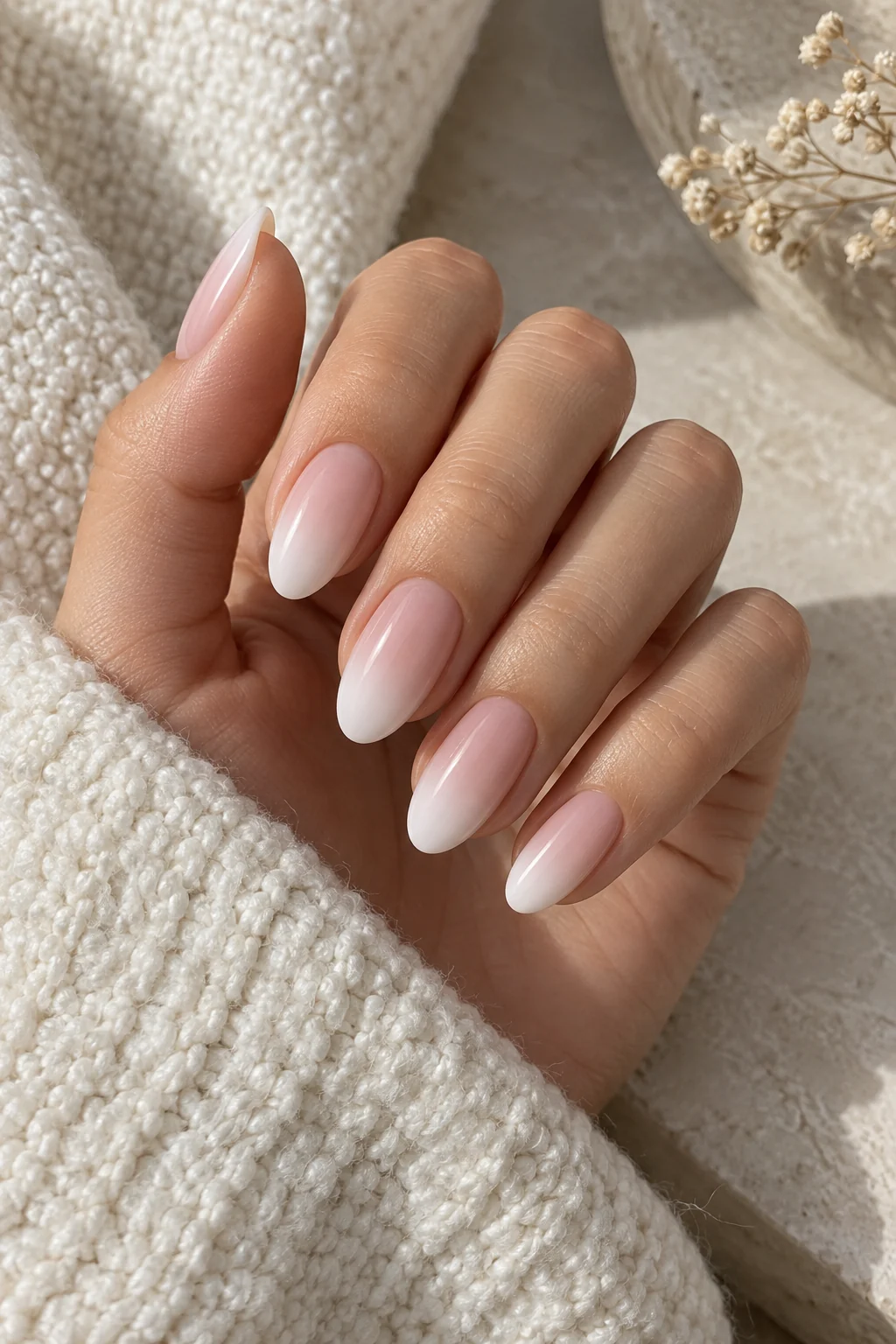 Milky Nude Baby Boomer Nägel 2026 in Mandelform