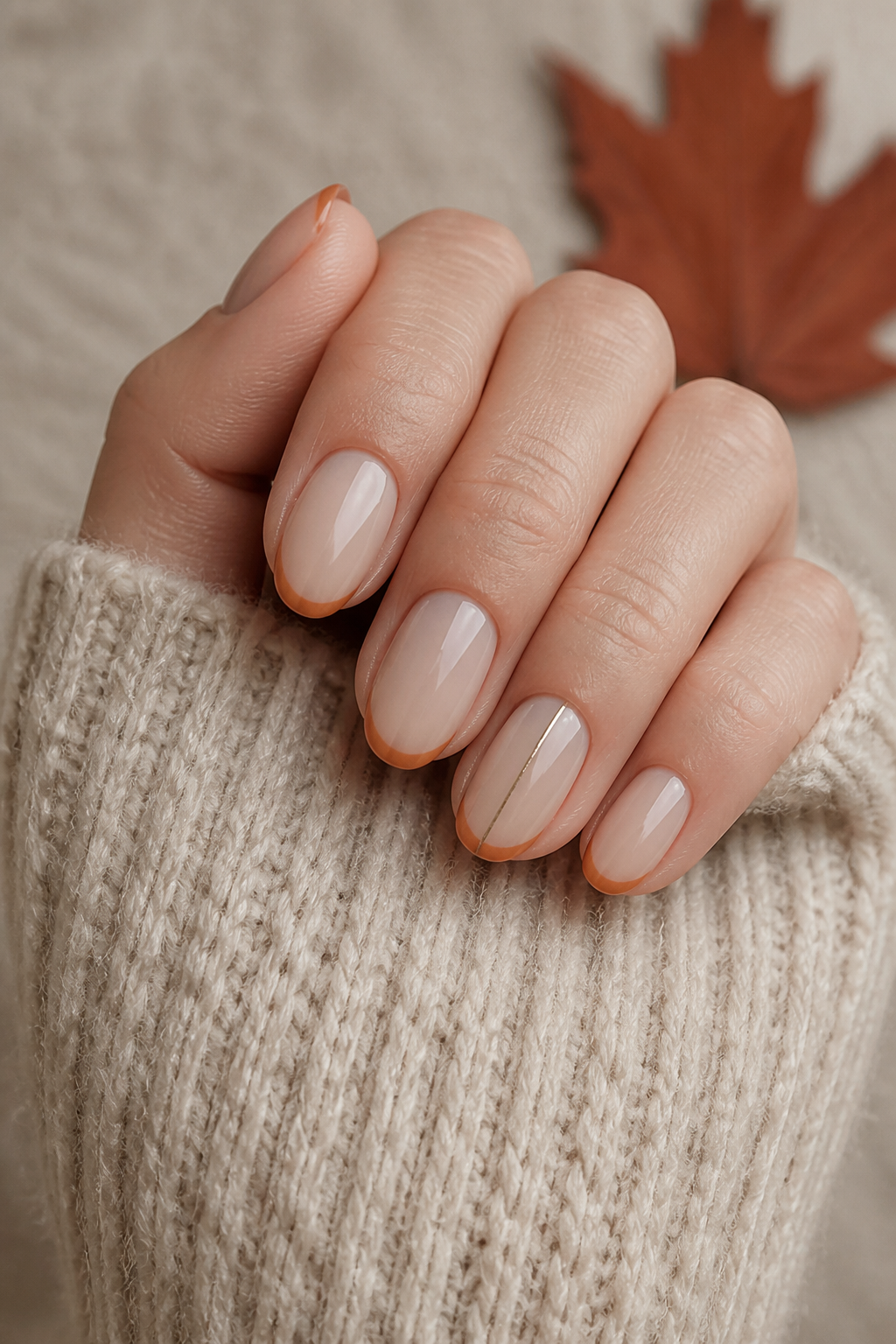 Milky Beige Nägel mit rostorangenen French Spitzen und Kupferdetail