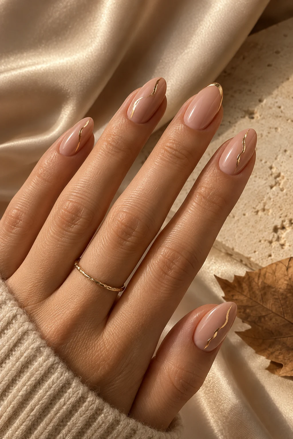 Elegante Nude Herbstnägel mit feinen goldenen Linien