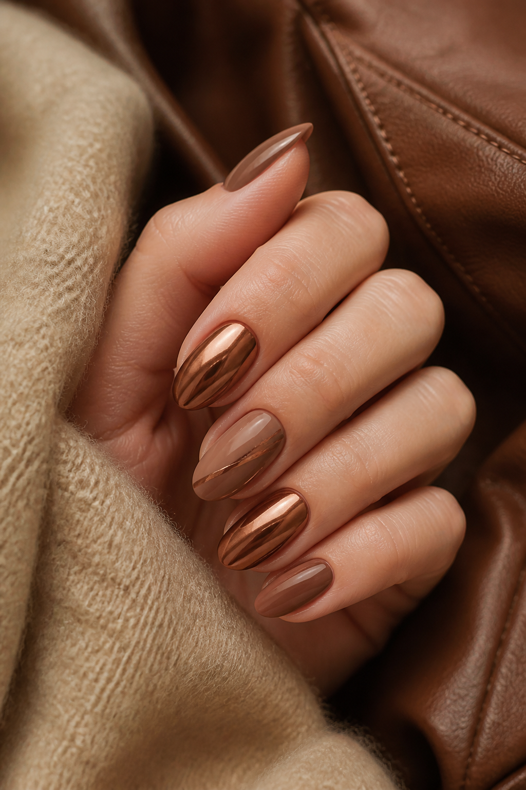 Mandelförmige Cocoa Nude Nägel mit Kupfer Chrome