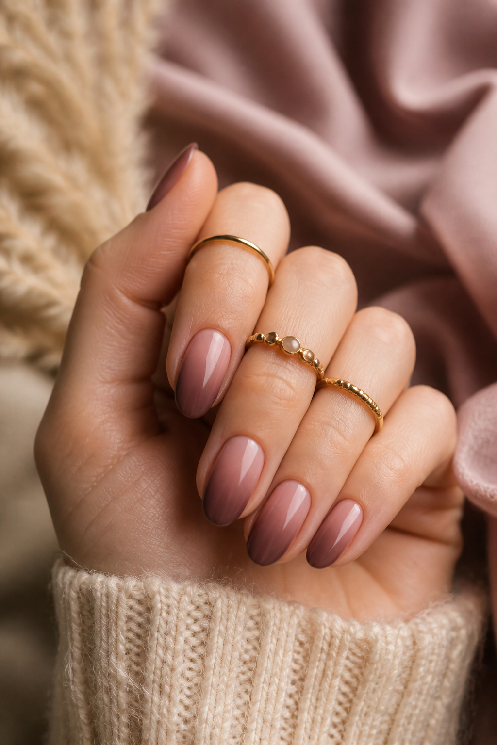 Dusty Rose und Cocoa Ombré Nägel mit Goldringen