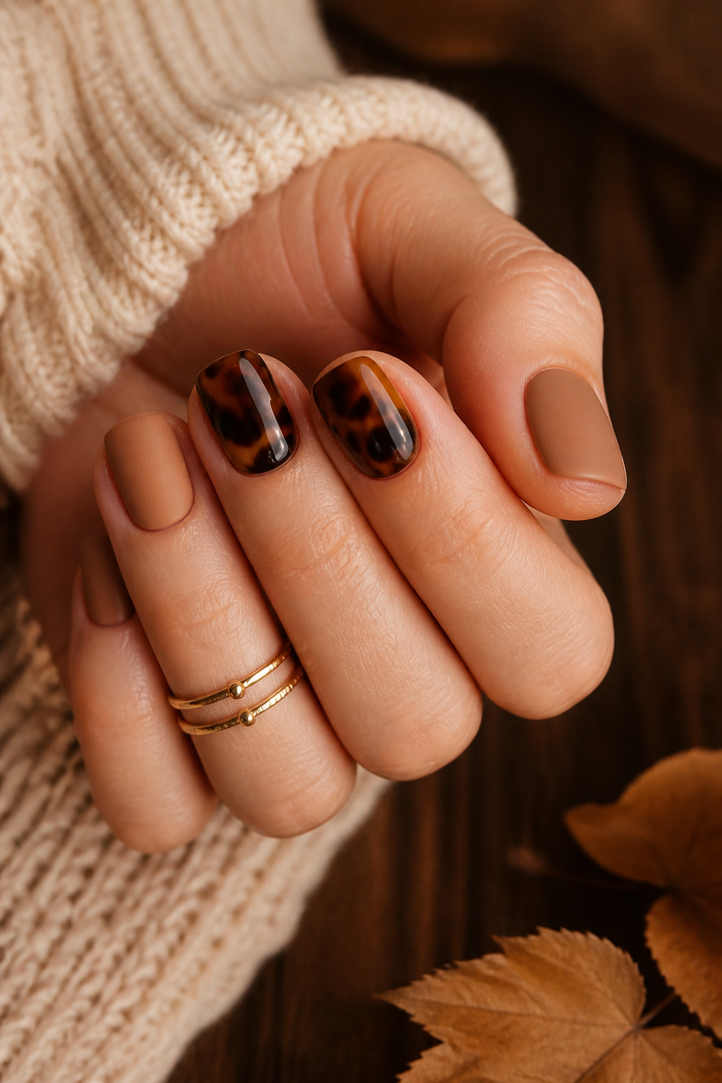 Kurze matte Caramel Nägel mit Tortoiseshell Akzentnägeln