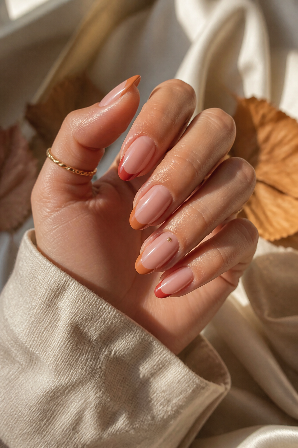 Nude Nägel mit Pumpkin Spice und Terracotta French Tips