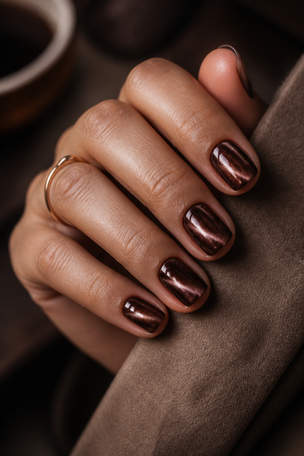 Kurze Espresso Chrome Nägel mit Cat Eye Effekt