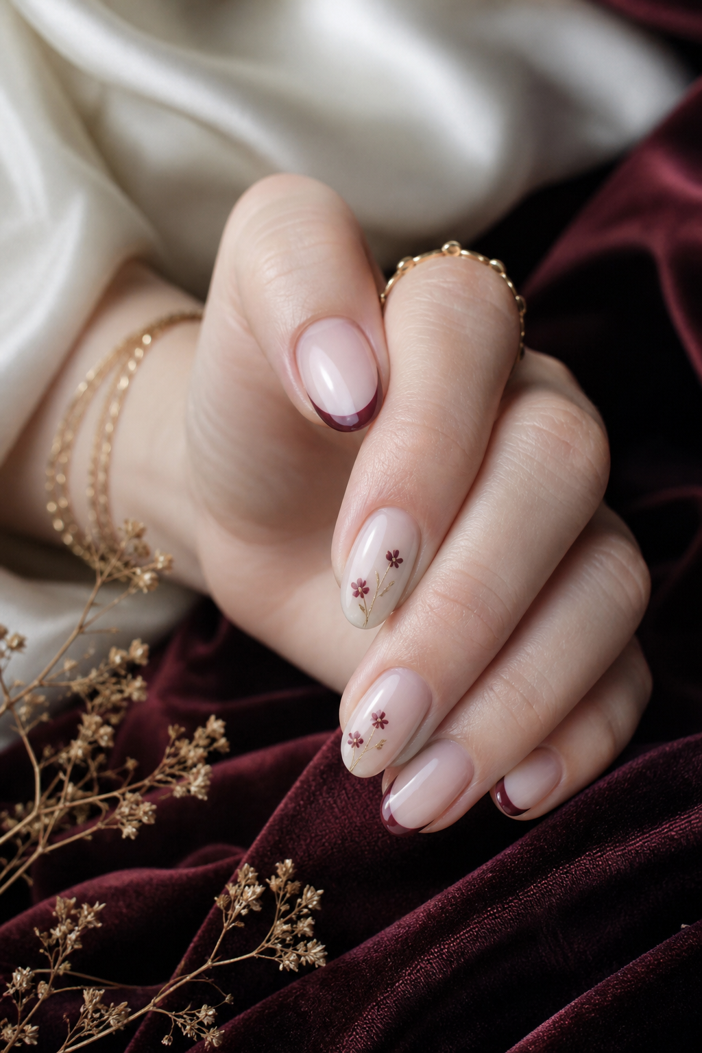 Milky Nude Nägel mit kleinen Burgundy Blumen und goldenen Stielen