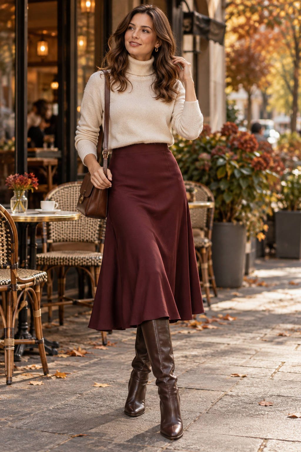 Bordeaux Outfit für Damen im Herbst 2026 mit cremefarbenem Pullover