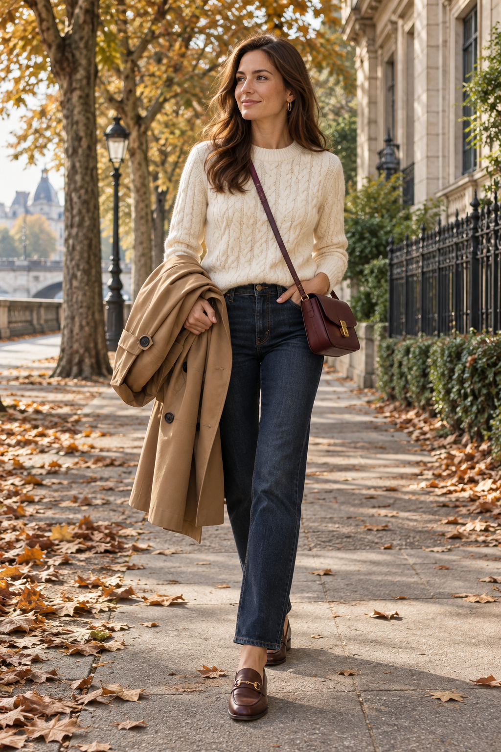 Casual Old Money Herbst-Look mit Strickpullover, Jeans und Trenchcoat